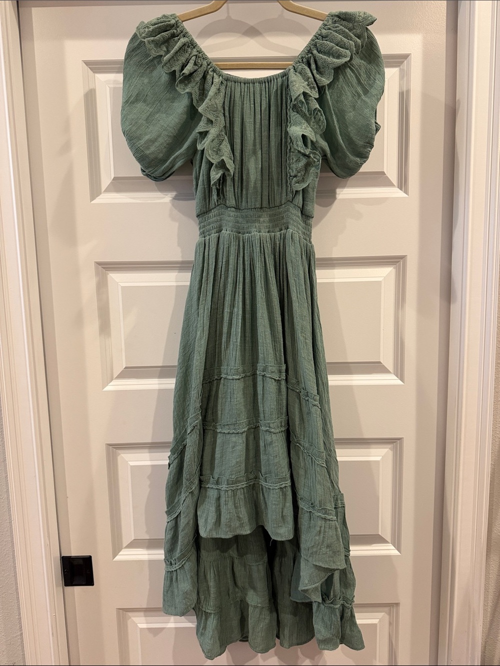 Joyfolie Sage Green Ruffle Puff-Sleeve Maxi Dress